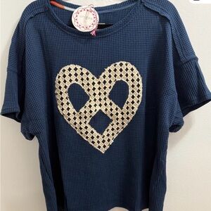Umgee Navy Waffle Knit Top and pants set with Cream Heart